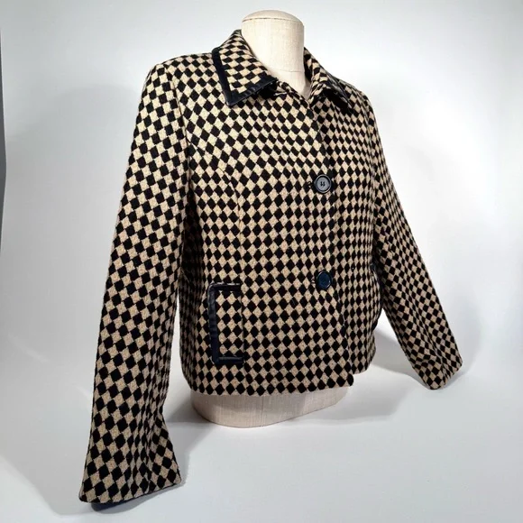 JM Collection Harlequin Wool Tweed Tan and Black Cropped Jacket - Punk Edgy - Picture 3 of 16